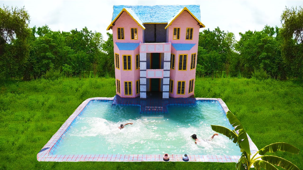 Amazing! Build The Most Beautiful Twin Mud Villa And Swimming Pool By Ancient Skill (Full Video)