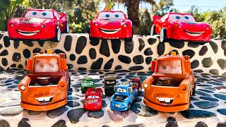 Disney Pixar Cars falling into deep pool, Lightning McQueen, Tow Mater, Mack, Sally, Francesco