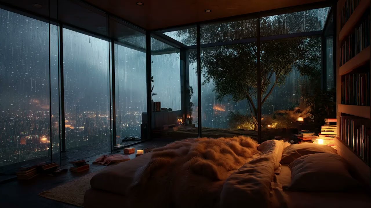 Relaxing with Annie 🌧️⚡ Rainy Night in a High-Rise Glass Apartment | Calm Piano Sleep Music