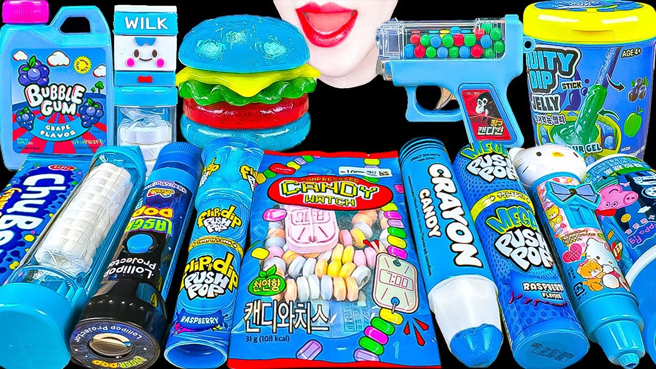 ASMR BLUE CANDY💙BURGER JELLY, EDIBLE CLOCK, LASER POP, KITTY 버거 젤리 레이저팝 헬로키티 파란색 캔디 먹방 MUKBANG