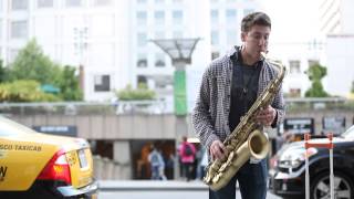 Justin Ward Street Busking With Saxophone  In San Francisco