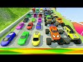 Ht gameplay crash  838  monster trucks vs color speed bumps  cars vs deep water vs giant pit