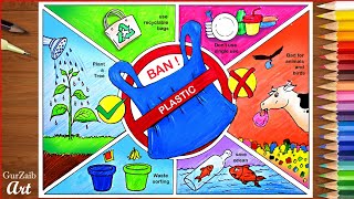 How to draw stop plastic pollution drawing || poster chart project making ideas - ban plastic