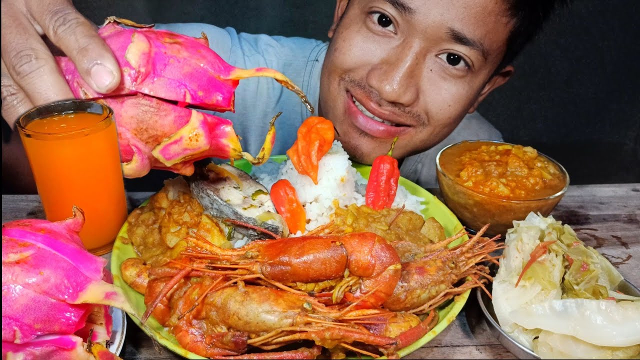 Mukbang spicy prawns with Dragon fruits king chilli Northeast India