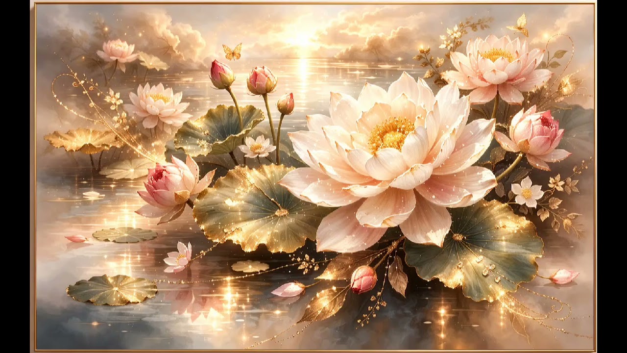 Serene lotus pond with golden accents.. Luxury TV Screen 💖