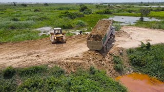 Great Technique Build Road long by Operator Bulldozer Push Soil with Dump Truck Unloading Soil