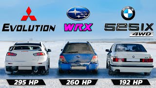 IceDrag: BMW 525ix vs Evolution X vs Subaru WRX GGA/GC8 vs Audi A4 Quattro | All Michelin Type