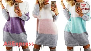 Dress From Aliexpress. FISH Stripe Patchwork Girls O Neck Hoodies Mini Dress Long Sleeve Knit Dress.