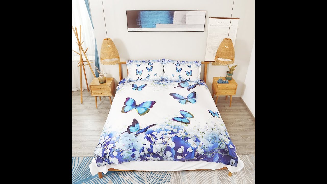 Blue Butterflies and Floral Digital Printing Polyester 3D 4-Piece Bedding Set/Duvet Cover Set