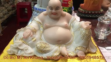 Tượng Phật Di Lặc bột đá trắng viền dát vàng đẹp