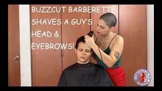 Lady Barber with Buzzcut Shaves Guys Head and Eyebrows Bald Extended Trailer