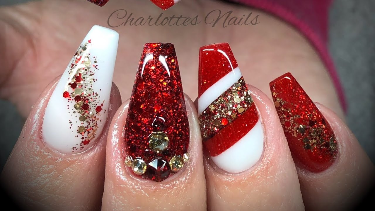 Red And Silver Glitter Acrylic Nails 24pc Red Fake Nails With Glitter