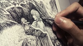 inking tutorial: pen and ink cross hatching illustration time lapse with a lightbox
