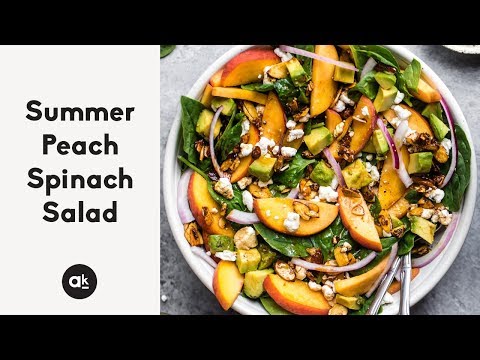 Summer Peach Spinach Salad with Avocado, Toasted Almonds + Goat Cheese