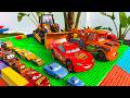Disney Pixar Cars falling into deep pool, Lightning McQueen, Tow Mater, Mack, Sally, Francesco