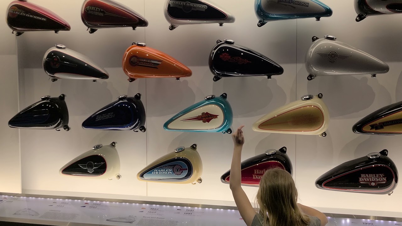 Harley Davidson, wall of gas tank designs by the year. YouTube