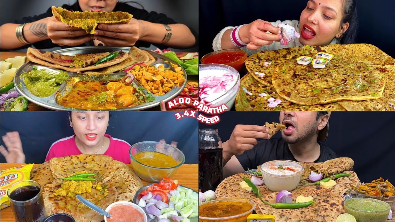 ASMR: Eating Aloo Paratha Eating Challenge 😍🤤 with Green Chutney Red Chutney Raita Mukbang