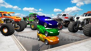 4 MONSTER TRUCKS VS 3 COLORS LIGHTNING MCQUEEN