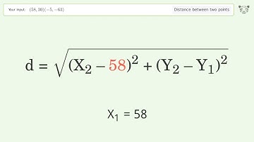 Find the distance between two points p1 (58,30) and p2 (-5,-63): Step-by-Step Video Solution
