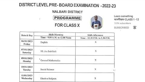Pre Board Exam 2023 Class 10 Nalbari district Routine. Pre-Board Exam Routine 2022 Nalbari District