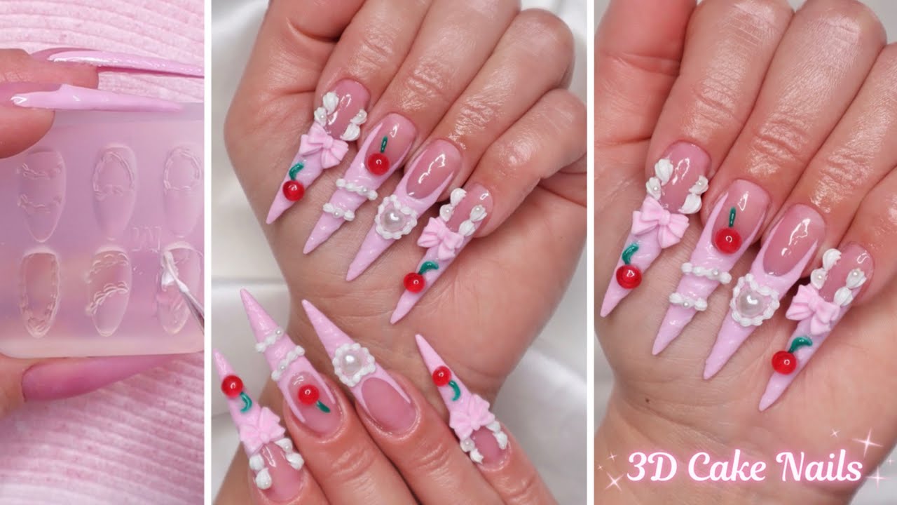 Сказочный 3D акриловый маникюр «Вишневый торт» 🍰🍒 (Пошаговая инструкция по созданию 3D-модели)