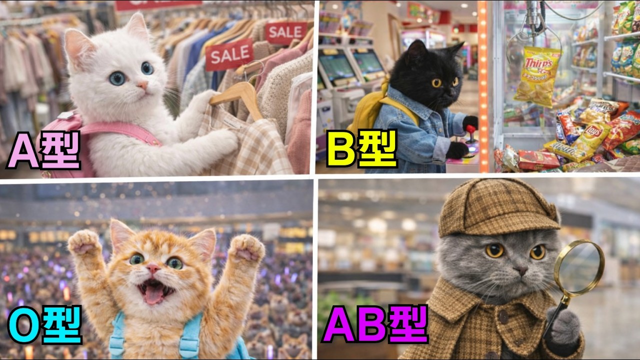 【仲良し猫4人組の休日】ショッピングセンターで性格の違う猫たちの個性が爆発!【血液型あるある】