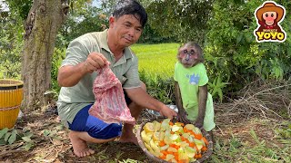 Grandpa makes crab traps and cooked pork ribs with vegetables for YoYo Jr