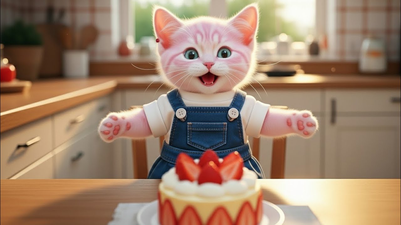 Очаровательный розовый котенок пробует рецепт японского клубничного пирога!