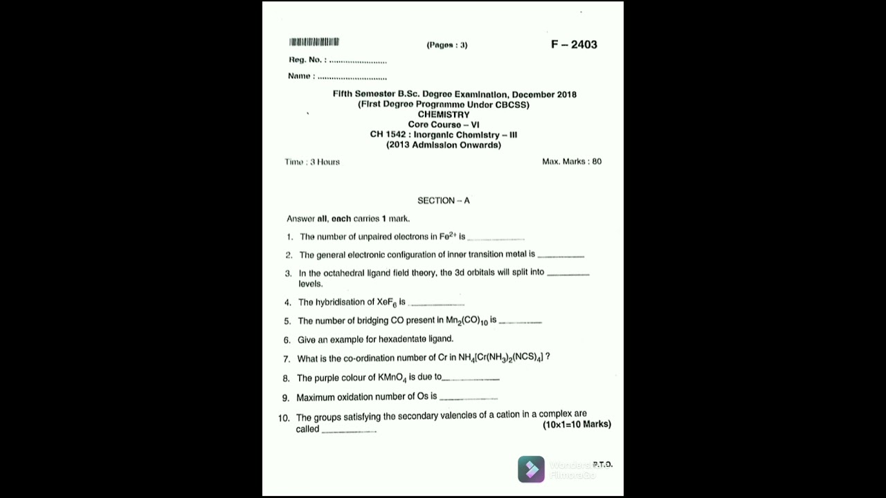 S5 Inorganic Chemistry-III Previous Year Question Paper|Kerala University