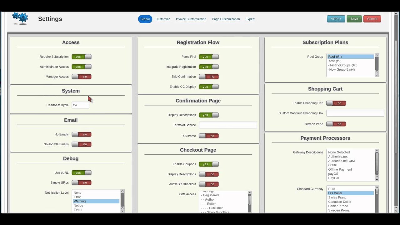 AEC Settings Part 1 - Global Settings Tab: Access, System, Email, Debug ...