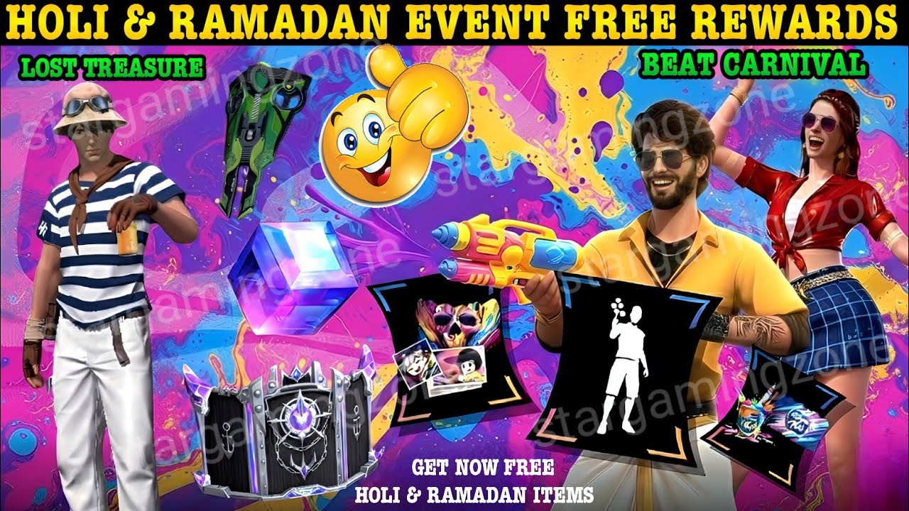 HOLI & RAMADAN EVENT FREE REWARDS FREE FIRE BEAT CARNIVAL AND LOST TREASURE HUNT EVENT START TIME