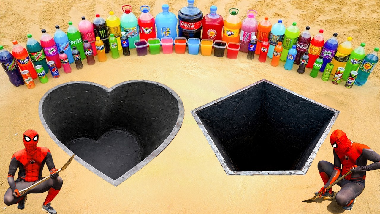 How to make Heart & Pentagon Hole with Cement, Big Fanta, Mtn Dew, Pepsi, Sprite, Coca Cola & Mentos