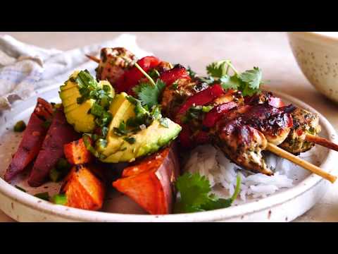 grilled chili honey lime chicken and sweet potatoes with avocado salsa