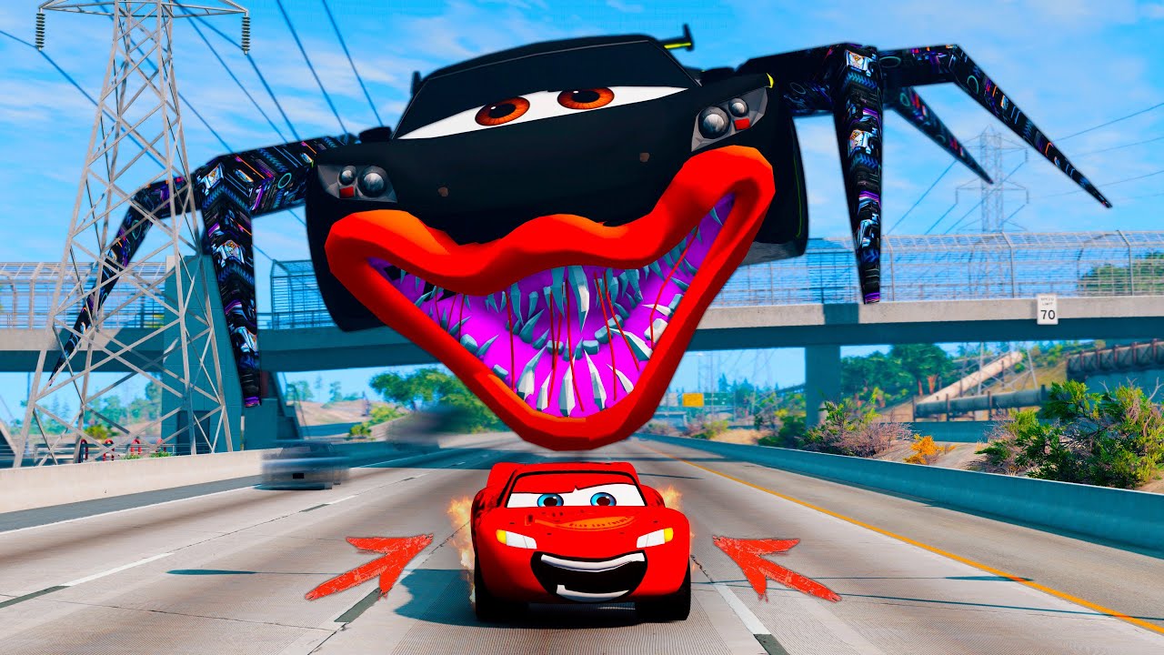 Live Lightning McQueens vs. Giant Spider Car Monsters | Epic Escape in BeamNG.Drive #54