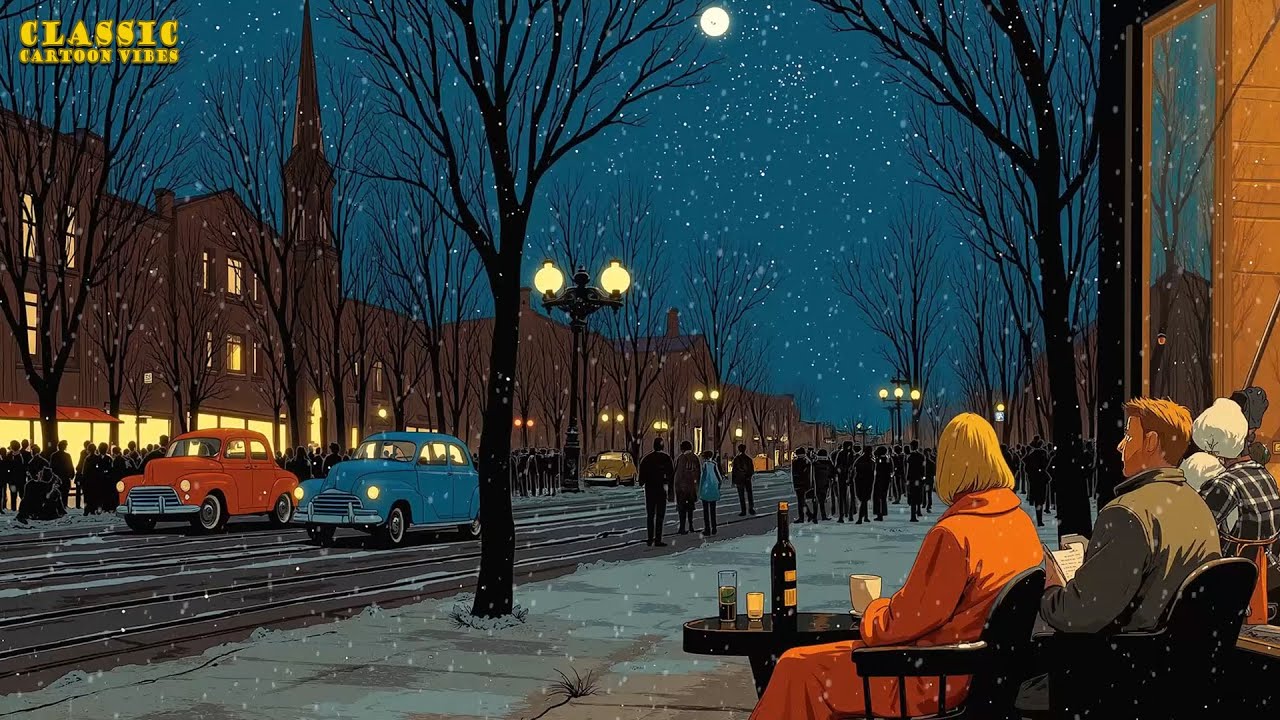 Oldies Playing at a Quiet Street Café on a Snowy Night, Where City Lights Hold Gentle Memories