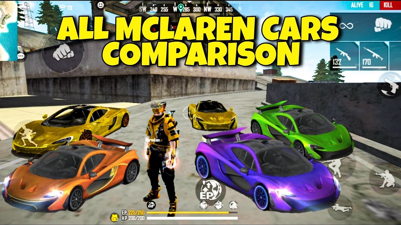 COMPARISON OF ALL MCLAREN P1 CARS SKIN ABILITY IN FREE FIRE || ABILITY TEST OF MCLAREN NEW CARS