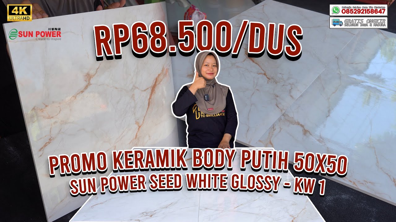 PROMO KERAMIK SUN POWER 50X50, BODY PUTIH SEMI GRANIT "SEED WHITE", GLOSSY KW 1 - Rp68.500/DUS