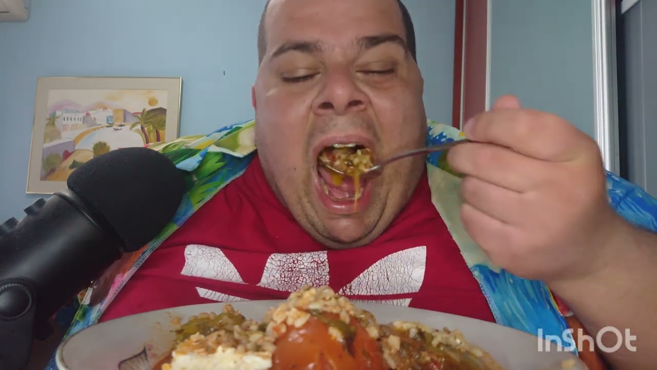Tasty,😊Delicious Greek Dinner Gemista,Feta and Bread.ASMR,MUKBANG.ENJOY!!(Talking)🙂