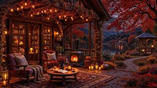 Cozy Fall Night Ambience for Work, Study | Soft Lakeside Jazz Music & Warmth Fireside Crackles screenshot 2