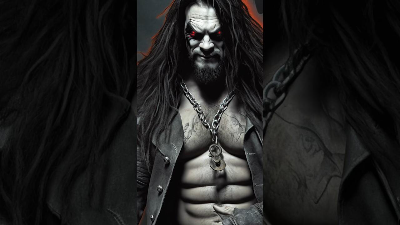 Lobo portrayed by Jason Mamoa illustrated in color...