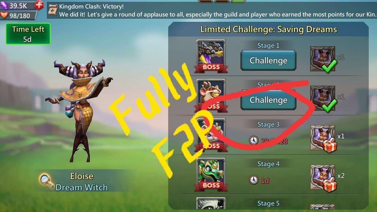 Lords Mobile/ Fully F2P Limited Challenge Stage 2 Dream Witch (Eloise) without Using Rose very Easy