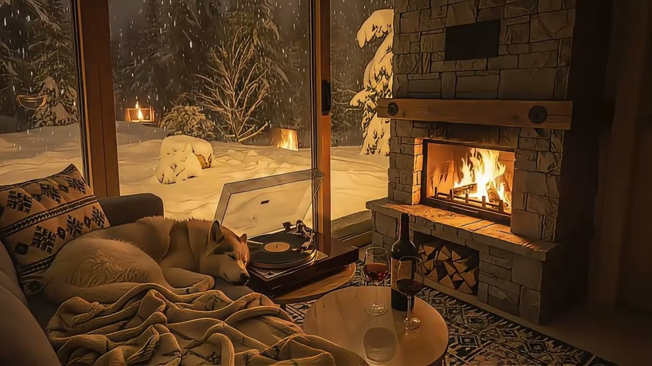 Cozy Winter Cabin Ambience 🔥 Fireplace, Sleeping Husky, Snowfall Outside | Relax, Study, Sleep