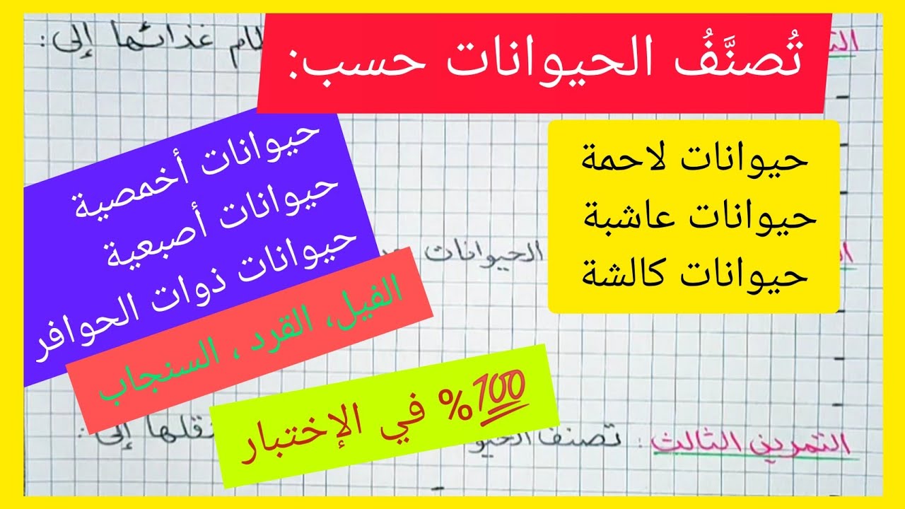تمرين يكون 100% في إختبار التربية العلمية للسنة الثالثة إبتدائي الفصل الأول عن تصنيف الحيوانات