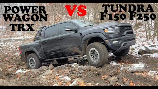 TRX vs Power Wagon Tundra vs F150 F250 2021 Comparison 4x4 OffRoad First Snowfall UPHILL MUD \& ROCKS