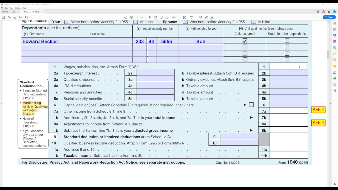 filled out 1040 tax form