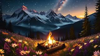 Nighttime Campfire with Flowers: Relaxing Music in Mountain Forest