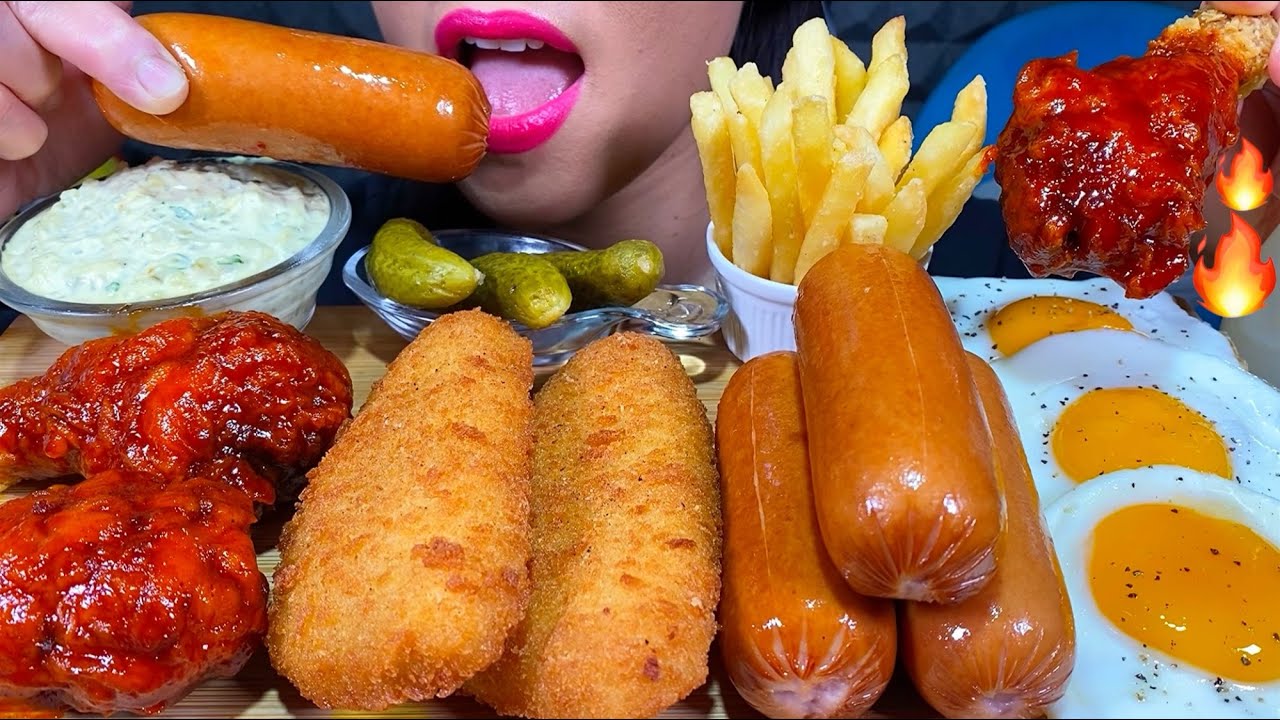 ASMR FISH & CHIPS, SPICY FRIED CHICKEN, SAUSAGES, EGGS, PICKLE MUKBANG MASSIVE Eating Sounds