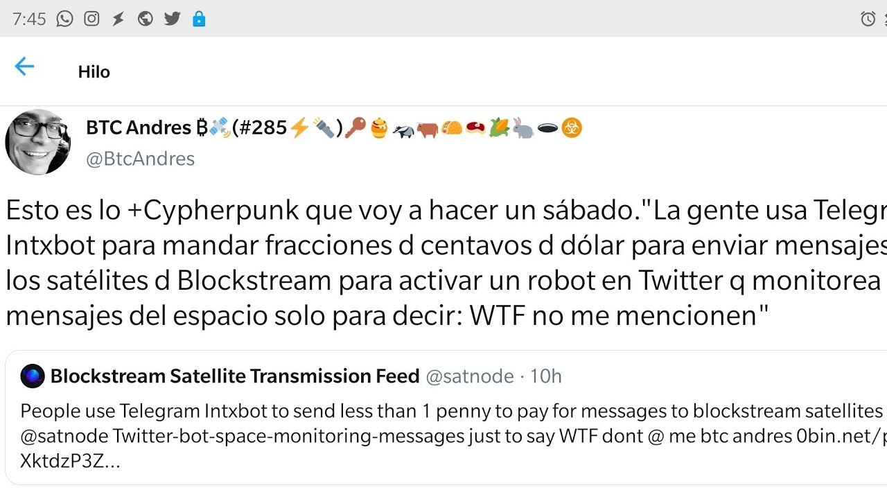 Enviando mensajes al satélite Blockstream con Telegram lntxbot YouTube