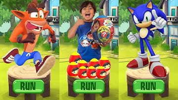 Tag with Ryan vs Sonic Dash vs Crash Bandicoot: On the Run - All Costumes All Characters Unlocked