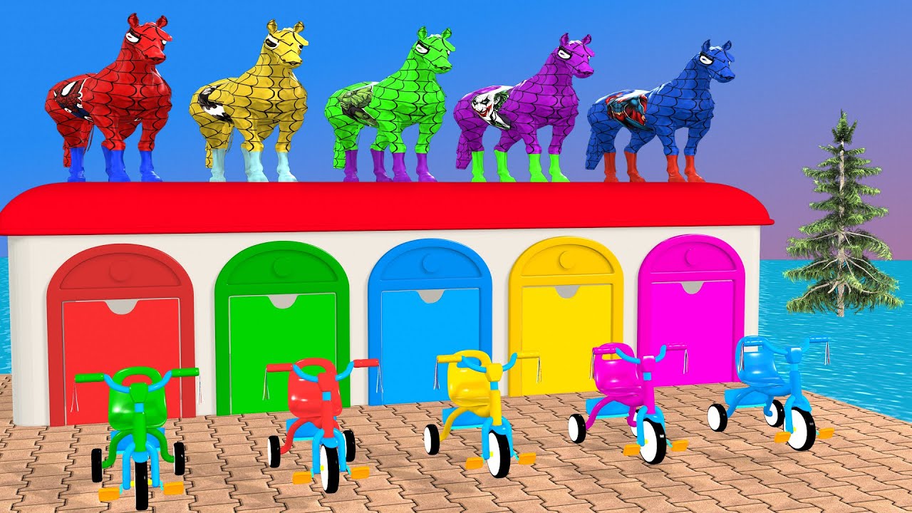 RED HORSE SPIDERMAN CROSSING FOUNTAIN ON RAINBOW SPIDERS BRIDGE AGAINST SHARKS RESCUE ANIMALS GAME